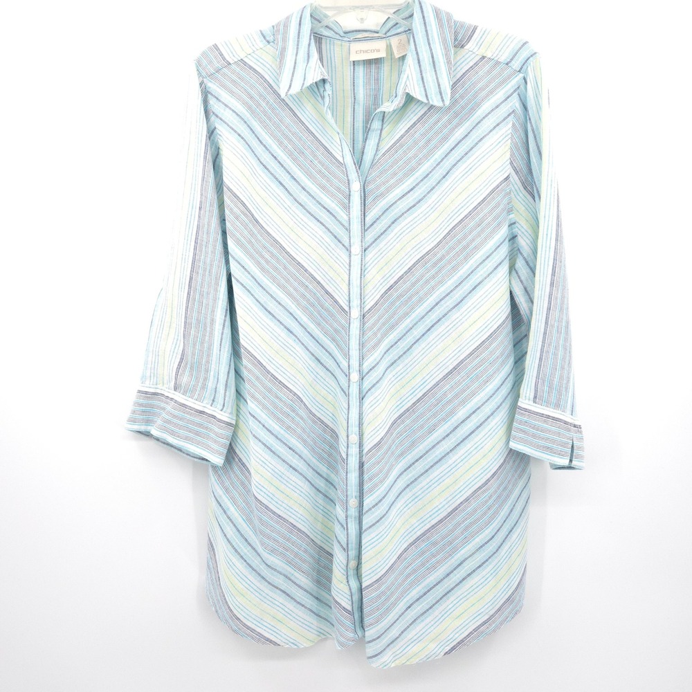 Chico's Button Down Tunic Women Large Blue Striped 100% Linen 3/4 Sleeve No-Iron